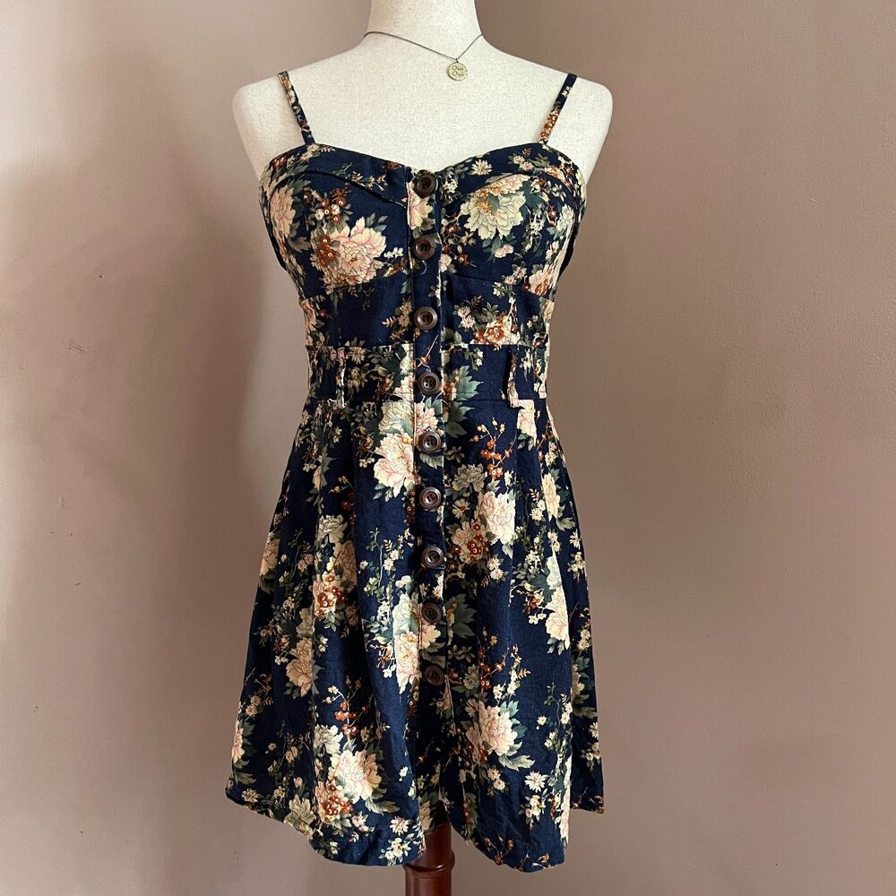Vintage Y2K Peasant Linen Blend Deb Floral Button Front Mini Dress Cottagecore L